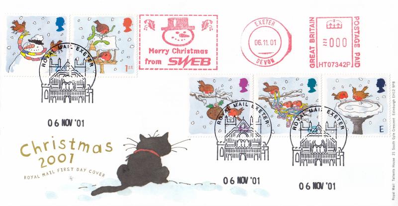 2001 (11) Christmas - RM - Royal Mail, Exeter Philatelic Counter H/S + SWEB Meter Mark