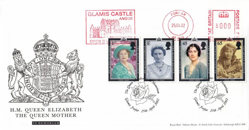 2002 (04) Queen Mother - RM - Glamis (Single Rose) H/S + Glamis Castle Meter Mark