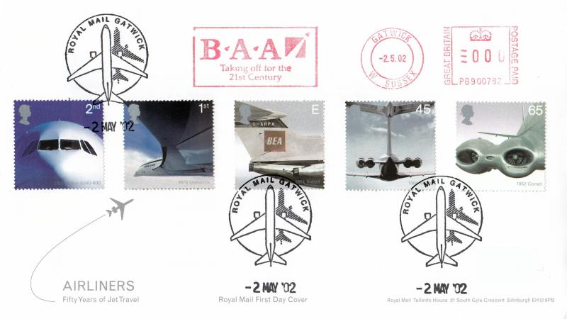 2002 (05) Airliners (Stamps) - RM - Royal Mail Gatwick Philatelic Counter H/S + B.A.A. Meter Mark
