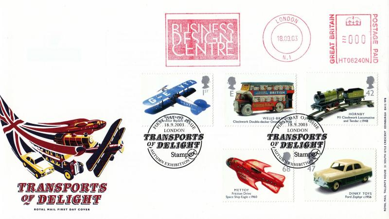 2003 (09) Transports of Delight (Stamps) - RM - Autumn Stampex H/S + Business Design Centre Meter Mark