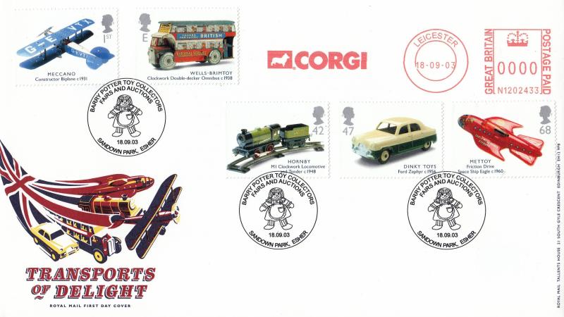2003 (09) Transports of Delight (Stamps) - RM - Sandown Park H/S + Corgi Meter Mark