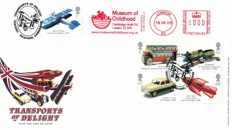 2003 (09) Transports of Delight (Stamps) - RM - Duxford H/S + Museum of Childhood Meter Mark