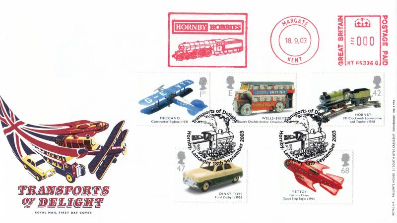 2003 (09) Transports of Delight (Stamps) - RM - Hornby, Lancaster H/S + Hornby Hobbies Meter Mark