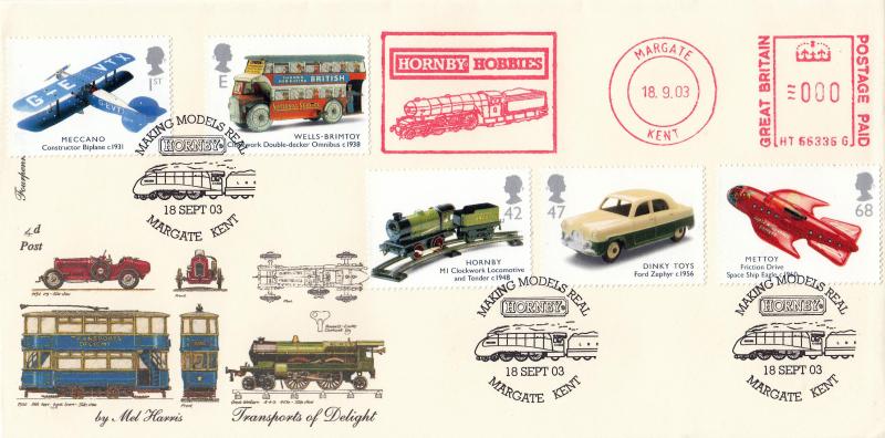 2003 (09) Transports of Delight (Stamps) - 4d Post - Making Models Real, Hornby, Margate H/S + Hornby Hobbies Meter Mark