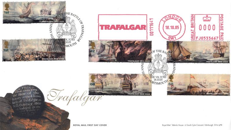 2005 (10) Battle of Trafalgar (Stamps) - RM - The Victory, Portsmouth H/S + Trafalgar Meter Mark
