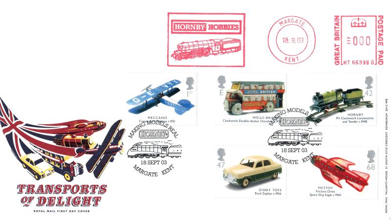 2003 (09) Transports of Delight (Stamps) - RM - Making Models Real, Hornby, Margate H/S + Hornby Hobbies Meter Mark