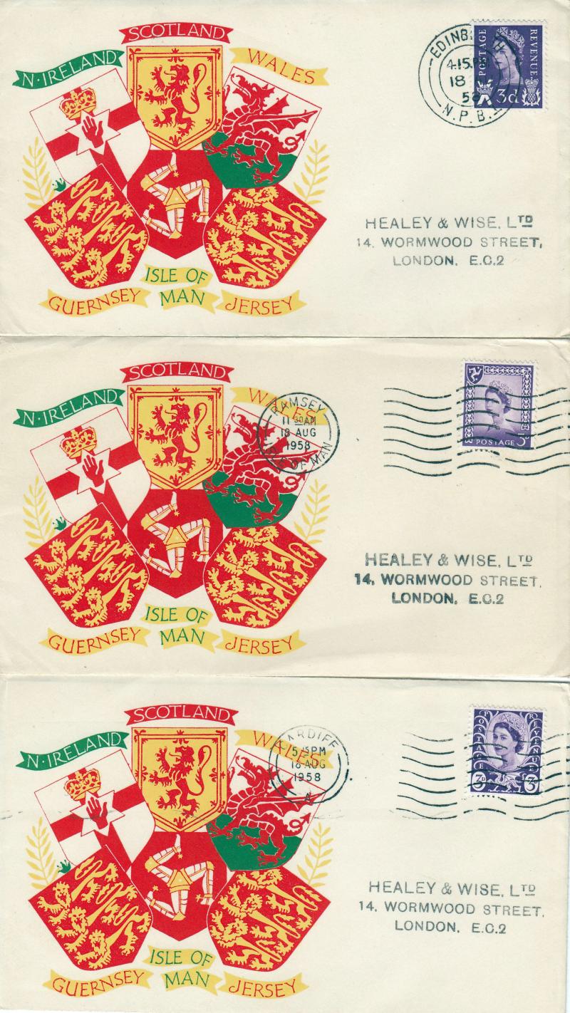 1958 (08) lsle of Man + Wales + Scottish 3d Regionals - Matching Set of Healey & Wise Covers - Appropriate Cancels