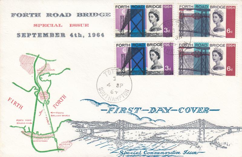 1964 (09) Forth Bridge - Silver Embossed Bridge & Green Road Map Cover - Ord & Phosphor - Totton, Southampton CDS