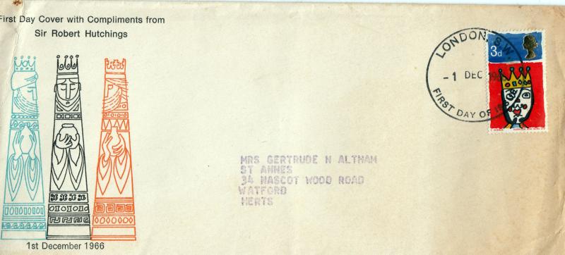 1966 (12) Christmas - Compliments From Sir Robert Hutchings Cover - 3d - London EC FDI - Missing Phosphor Error