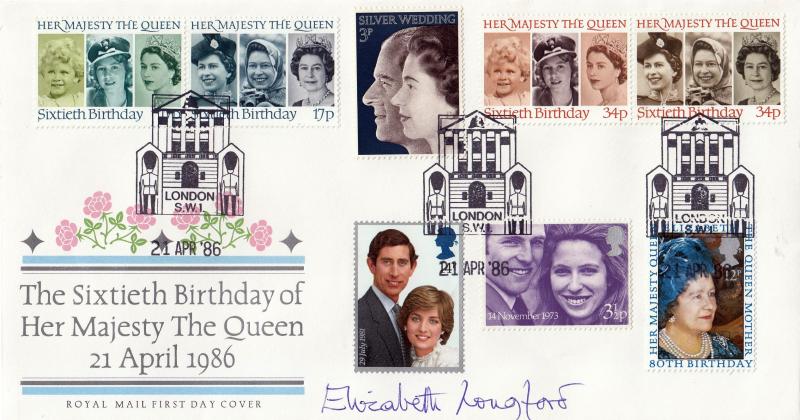 1986 (04) Queen's 60th Birthday - RM - Buckingham Palace Philatelic Counter H/S - Signed by the late Elizabeth Longford