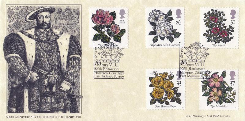 1991 (07) Roses - Bradbury 'Henry VIII 500th Anniversary' Cover - Hampton Court H/S