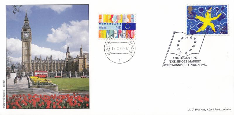 1992 (10) Single Market - Bradbury 'Big Ben' Cover - Single Market, Westminster 'Flag' H/S - Doubled in Maastricht