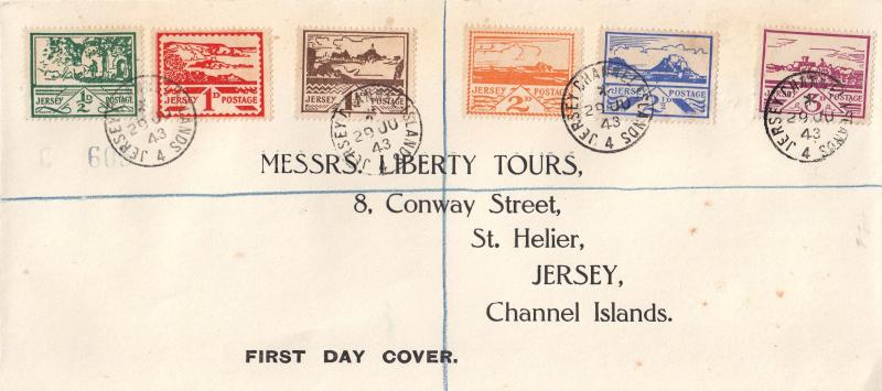 1943 (06) Jersey 'Views' 2½d Blue & 3d Violet - Display Text Cover - Jersey CDS