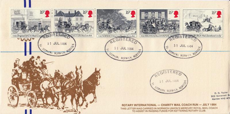 1984 (07) Royal Mail - Rotary International 'Charity Mail Coach Run' Cover - St Stephens, Norwich (Registered) CDS