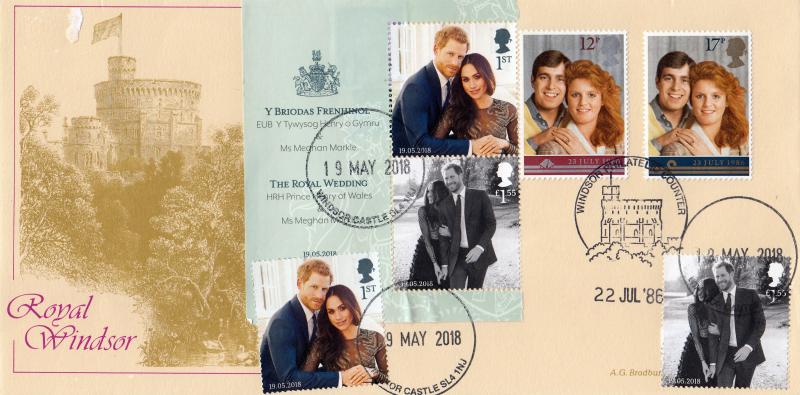 1986 (07) Wedding - Bradbury 'Royal Windsor Turret' Cover - Windsor Counter H/S - Doubled with the 2018 Wedding M/S with a Windsor Castle CDS