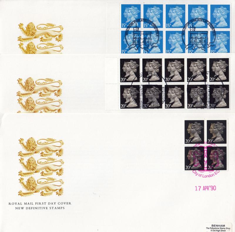 1990 (04) Penny Black Anniversary 80p+£1.50+£2 'Window Booklets' - RM x 3 - London SW + Windsor Counter+Postal Museum H/S's