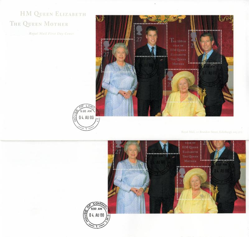2000 (08) Queen Mother M/S - RM (Pair)  - House of Commons CDS & House of Lords CDS
