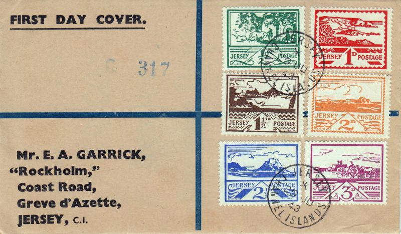 1943 (06) Jersey 'Views' 2½d Blue & 3d Violet - Printed Display Text Cover - Jersey CDS