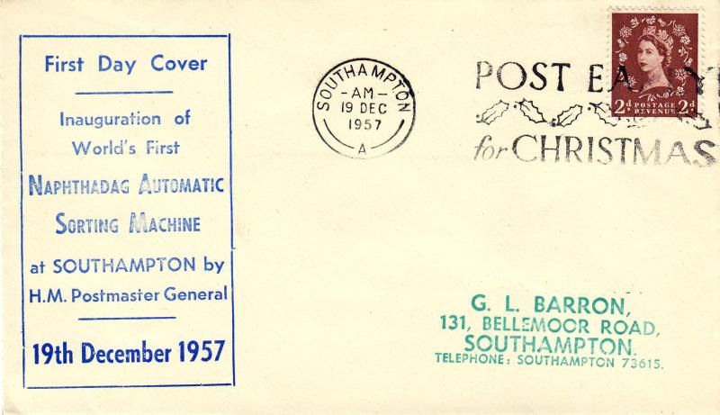1957 (12) Naphthadag Automatic Letter Sorting Machine - Display Text Cover - 2½d - Southampton Post Early For Christmas Slogan