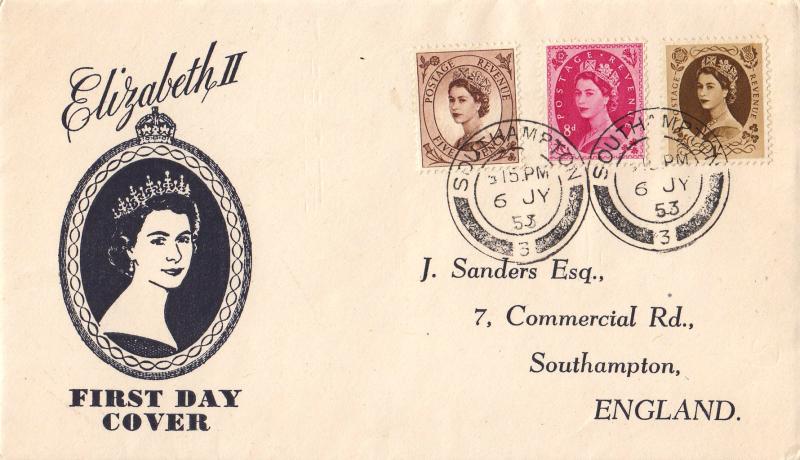 1953 (07) 5d + 8d + 1/- Definitives - B&W 'Cameo Image' cover - Southampton CDS