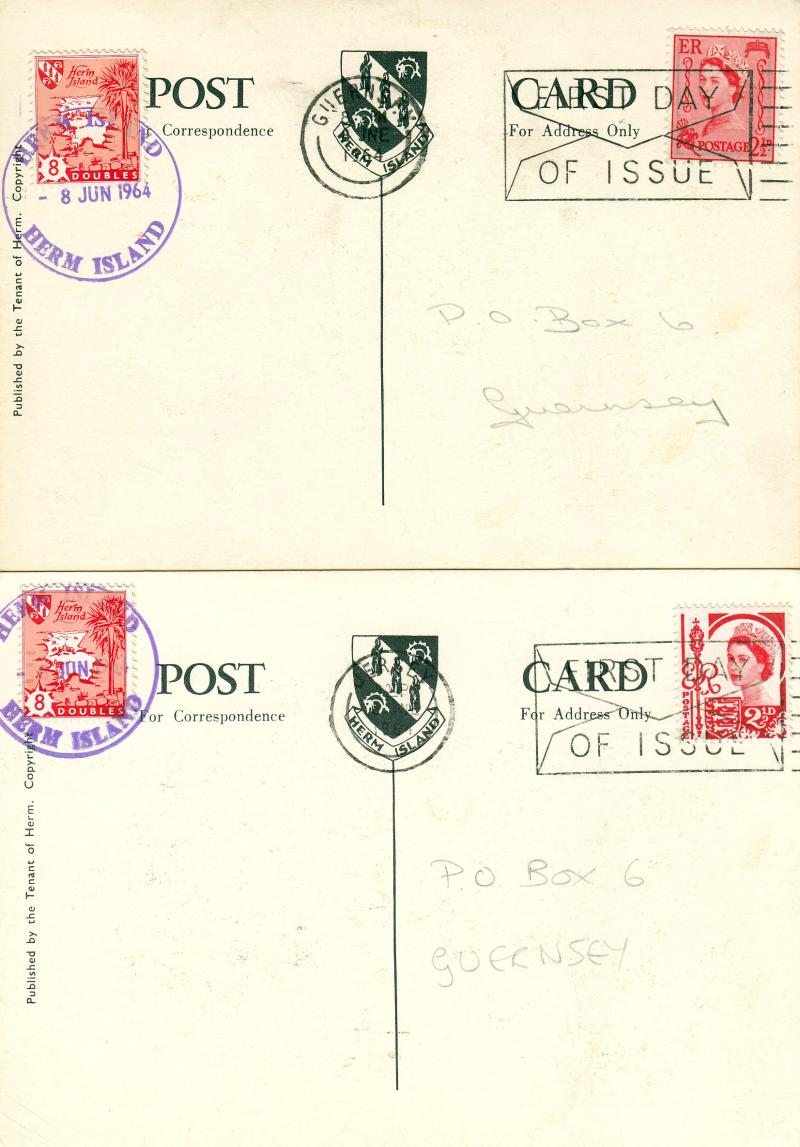 1964 (06) Jersey & Guernsey 2½d Regional - Herm Island Colour Postcard (Pair) - Jersey & Guernsey FDI 'Envelope' Slogan's + Herm Island Stamps