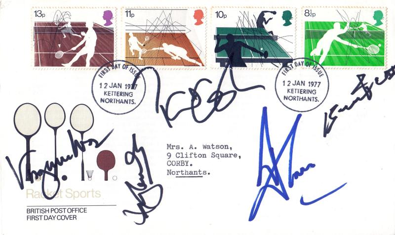 1977 (01) Racket Sports - PO - Kettering FDI - Signed by Virginia Wade, Pat Cash, Tim Henman & Edward (Budge) Patty + 1 Other