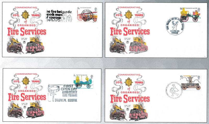 1974 (04) Fire Services - Four Stuart Covers - Four relevant Cancellations