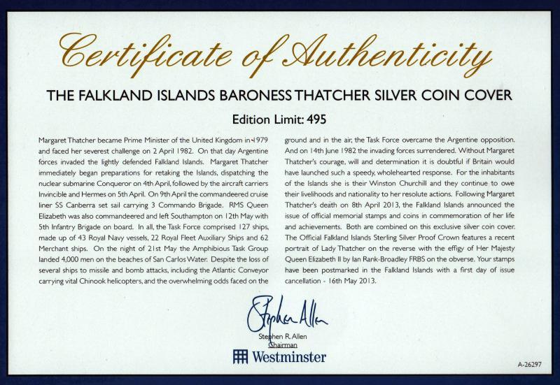 2013 (05) Falkland Islands 'Baroness Thatcher' - Westminster Sterling Silver Proof Crown FDC