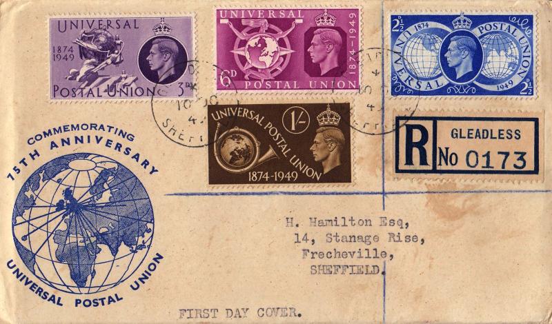 1949 (10) UPU - Blue Globe & Text Cover - Gleadless, Sheffield CDS
