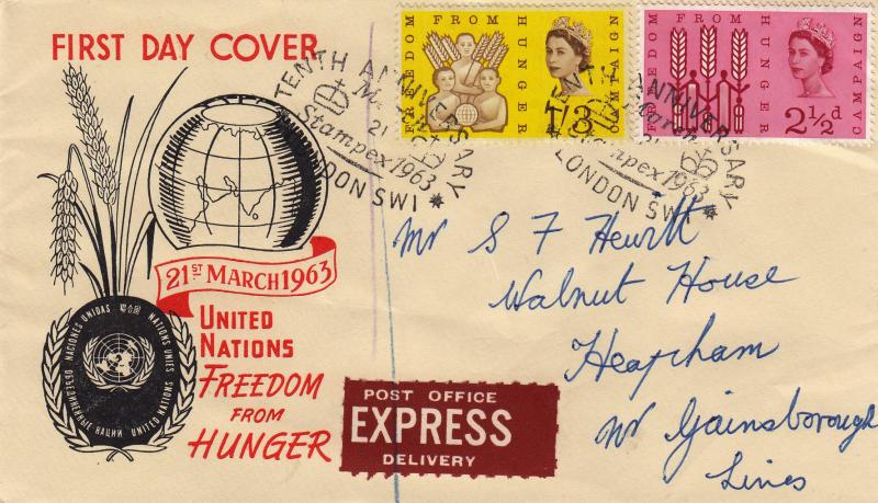 1963 (03) Freedom From Hunger - UN 'Logo & Globe' Cover - Phosphor - Stampex Tenth Anniversary H/S