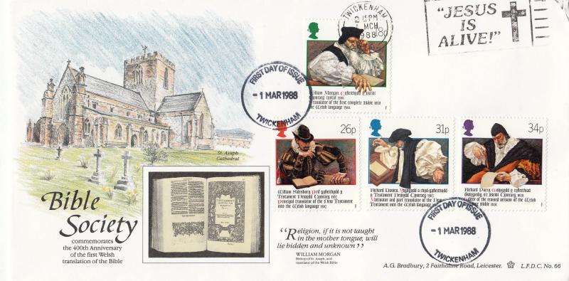 1988 (03) Welsh Bible - Bradbury LFDC 66 Special - Twickenham FDI + Jesus is Alive' Slogan