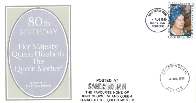 1980 (08) Queen Mother - PO - Kings Lynn FDI + Sandringham Estate Cachet