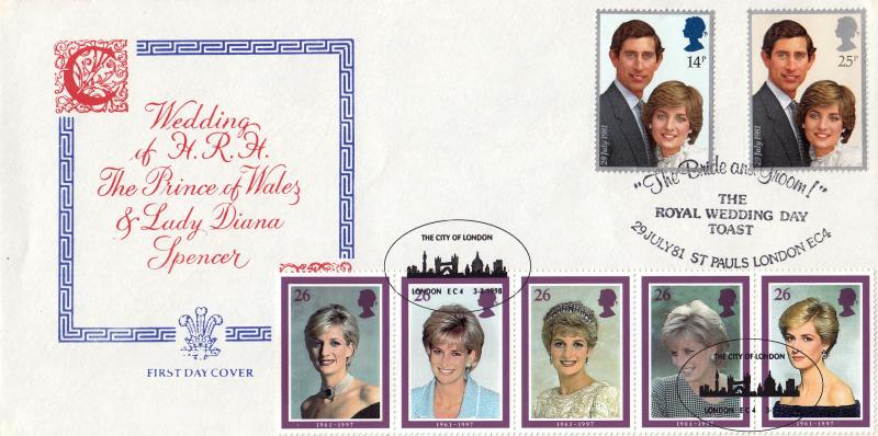 1981 (07) Wedding - Red Text & Blue Border Cover - Wedding Day Toast H/S - Doubled with the 1998 Diana Set