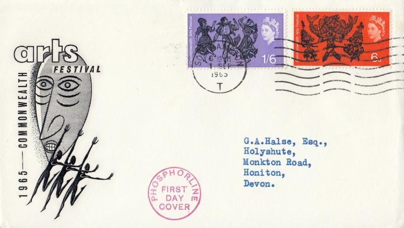 1965 (09) Arts - 'Mask & Dancers' Cover - Southampton 'T' Phosphor Wavy Line Slogan