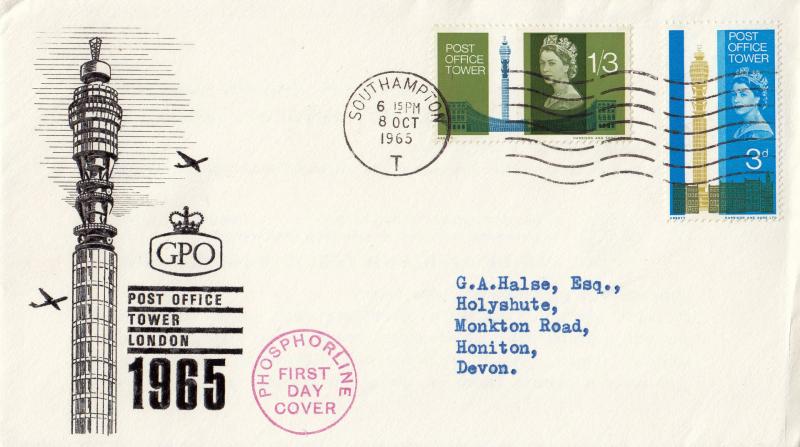 1965 (10) Post Office Tower - B&W 'Tower' Cover - Southampton 'T' Phosphor Wavy Line Slogan