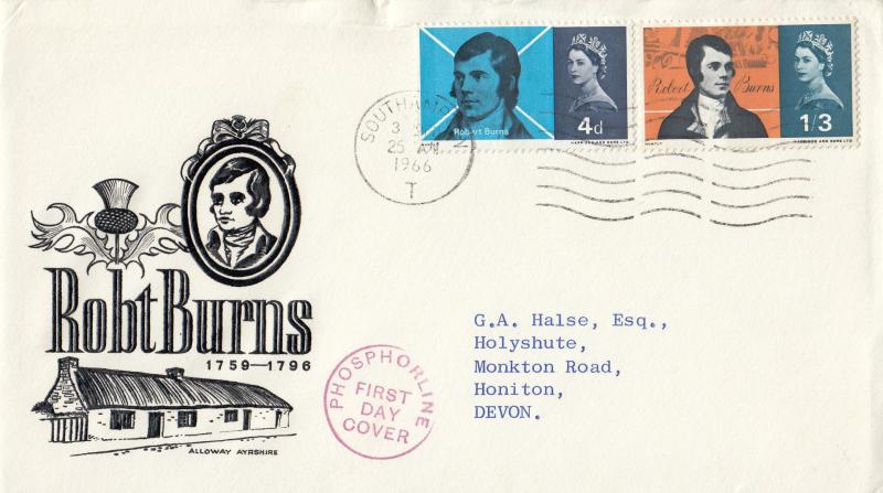 1966 (01) Robert Burns - B&W 'Face, Cottage & Thistle' Cover - Southampton 'T' Phosphor Wavy Line Slogan