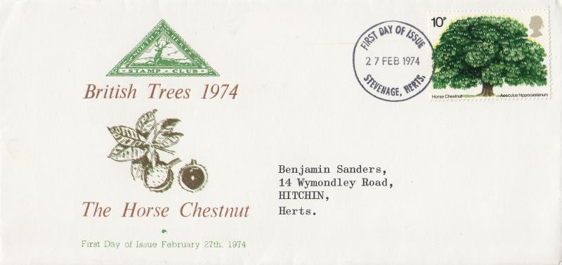 1974 (02) Trees (Horse Chestnut) - North Herts Stamp Club - Stevenage FDI