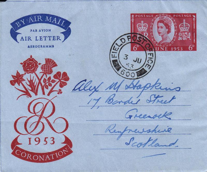 1953 (06) Coronation - Air Mail Air Letter - Field Post Office 600 CDS