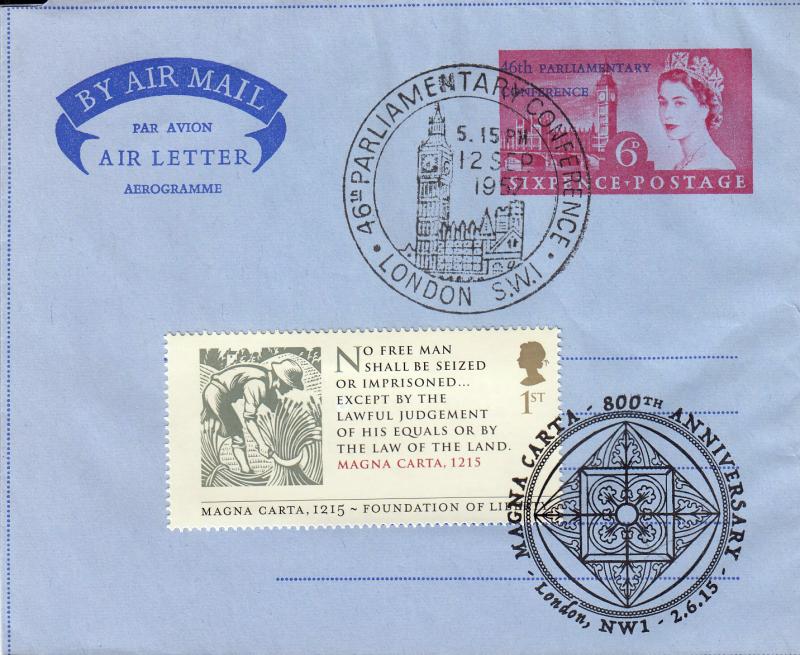 1957 (09) Parliamentary Conference - Conference Air Mail Letter - 'Big Ben' H/S - Then Doubled with a 2015 Magna Carta 1st Class