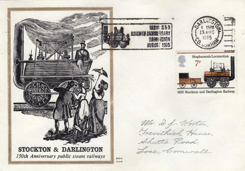 1975 (08) Stockton & Darlington Railway - Benham Engraved - 7p - 150th S&D Railway Anniversary, Darlington Slogan