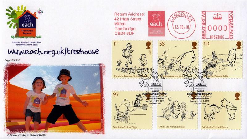 2010 (10) Winnie The Pooh (Stamps) - Sheridan 'EACH Treehouse Appeal' Official + EACH Meter Mark