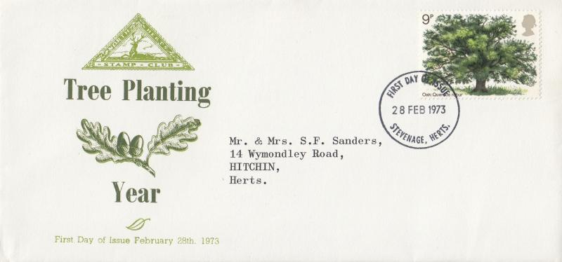 1973 (02) Trees (Oak) - North Herts Stamp Club - Stevenage FDI